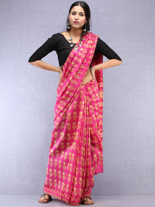 Pink Yellow Hand Block Printed Chanderi Saree With Geecha Border - S031704516