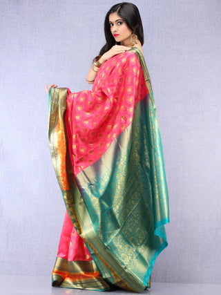 Banarasee Art Silk Saree With Resham Zari Weave - Pink Green & Gold - S031704389