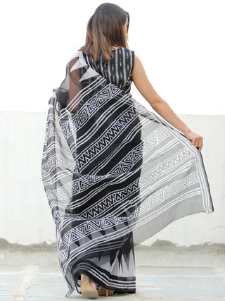 Black & White Hand Block Printed Kota Doria Saree  - S031704076