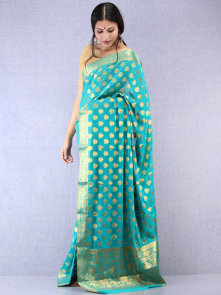 Banarasee Chiffon Saree With Golden Zari Weave - Sea Blue & Gold - S031704364