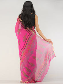 Hot Pink Green Hand Block Printed Chiffon Saree with Zari Border - S031704561