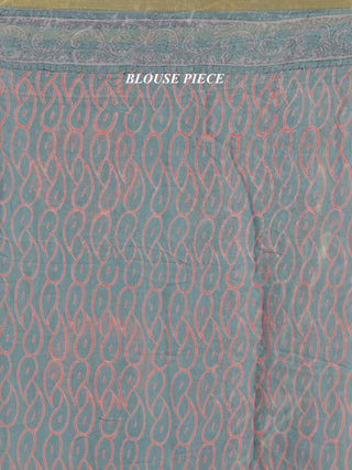 Steel Blue Pink Hand Block Printed Chiffon Saree With Zari Border - S031704691