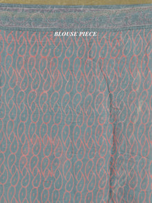 Steel Blue Pink Hand Block Printed Chiffon Saree With Zari Border - S031704691