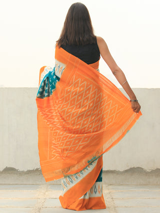Orange Green White Ikat Handwoven Cotton Saree - S031704106