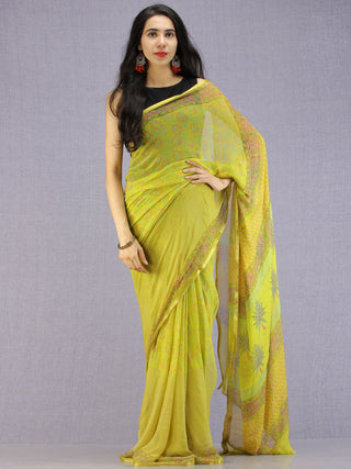 Lime Green Pink Blue Hand Block Printed Chiffon Saree with Zari Border - S031704592
