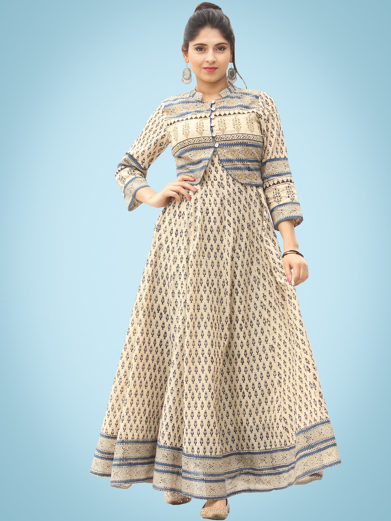 Naaz Dil Ara - Hand Block Printed Long Cotton Panel Dress With Embroid ...