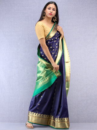 Banarasee Art Silk Saree With Zari Work - Navy Blue Green & Gold - S031704409