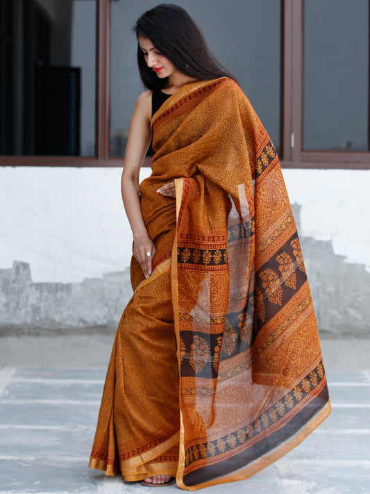 Golden-Yellow-Maroon Black Bagh Hand Block Printed Maheswari Silk Saree With Resham Border - S031703835
