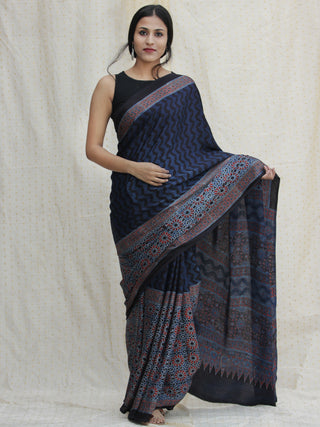 Indigo Red Black Ajrakh Hand Block Printed Modal Silk Saree - S031704138