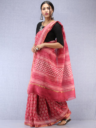 Pink Ivory Hand Block Printed Maheshwari Silk Saree With Zari Border - S031704488