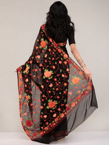 Black Aari Embroidered Georgette Saree From Kashmir - S031704632