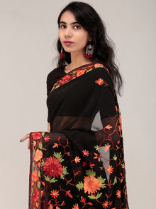 Black Aari Embroidered Georgette Saree From Kashmir - S031704632