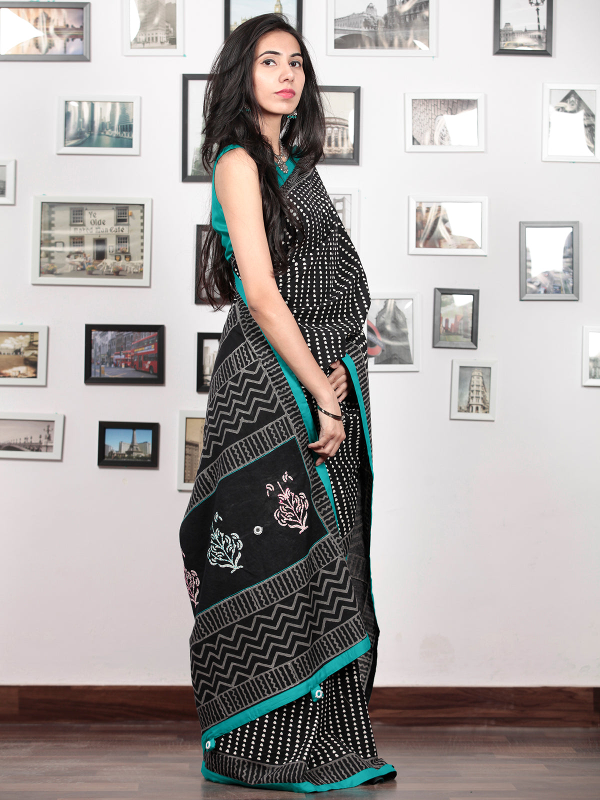 Black White Sea Green Hand Block Printed Cotton Mul Saree With Kantha Embroidered Pallu  - S031703024
