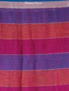 Blue Purple Yellow  Handwoven Checked Linen Saree With Zari - S031703449