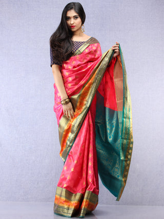 Banarasee Art Silk Saree With Resham Zari Weave - Pink Green & Gold - S031704389