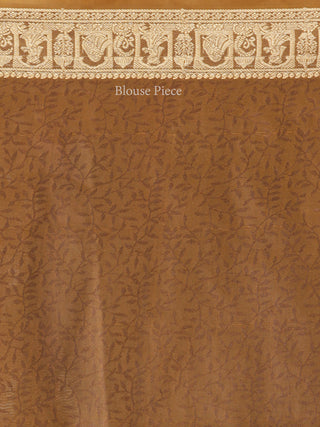 Banarasee Semi Silk Self Weave Saree With Resham Border - Peanut Brown Golden  - S031704316