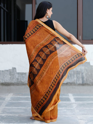 Golden-Yellow-Maroon Black Bagh Hand Block Printed Maheswari Silk Saree With Resham Border - S031703835