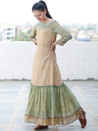 Pastel Complements - Hand Block Printed Long Chanderi Silk Dress - D354F1924