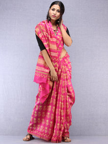 Pink Yellow Hand Block Printed Chanderi Saree With Geecha Border - S031704516