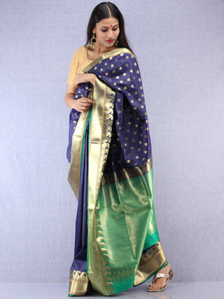 Banarasee Art Silk Saree With Zari Work - Navy Blue Green & Gold - S031704409