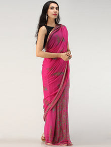 Hot Pink Green Hand Block Printed Chiffon Saree with Zari Border - S031704561