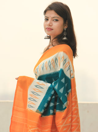 Orange Green White Ikat Handwoven Cotton Saree - S031704106