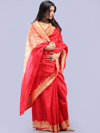 Banarasee Pure Katan Silk Handloom Saree With Zari Work - Green & Gold - S031704297