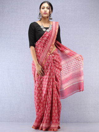 Pink Ivory Hand Block Printed Maheshwari Silk Saree With Zari Border - S031704488