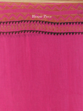 Hot Pink Green Hand Block Printed Chiffon Saree with Zari Border - S031704561