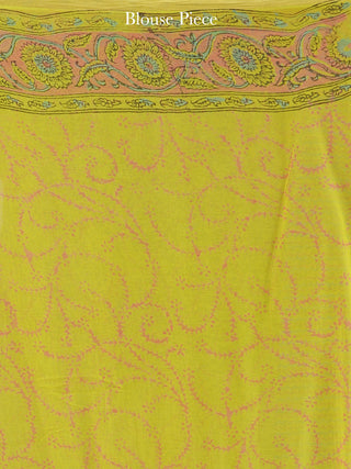 Lime Green Pink Blue Hand Block Printed Chiffon Saree with Zari Border - S031704592