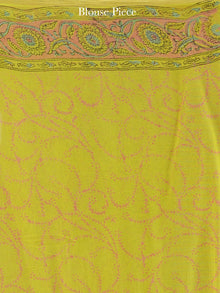 Lime Green Pink Blue Hand Block Printed Chiffon Saree with Zari Border - S031704592