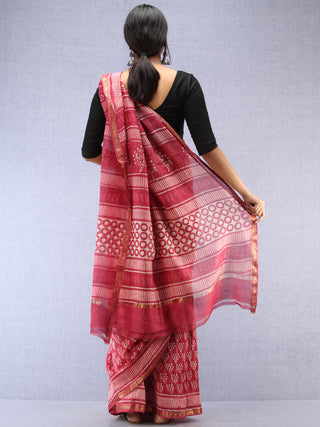 Pink Ivory Hand Block Printed Maheshwari Silk Saree With Zari Border - S031704488