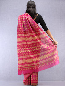 Pink Yellow Hand Block Printed Chanderi Saree With Geecha Border - S031704516