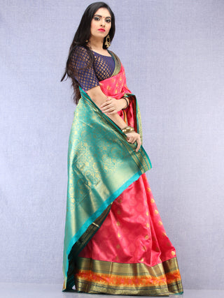Banarasee Art Silk Saree With Resham Zari Weave - Pink Green & Gold - S031704389
