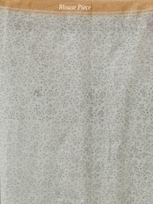 White Lavender Green Hand Block Printed Handwoven Linen Saree With Zari Border - S031703814