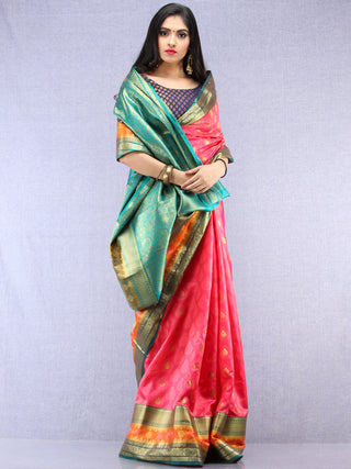 Banarasee Art Silk Saree With Resham Zari Weave - Pink Green & Gold - S031704389