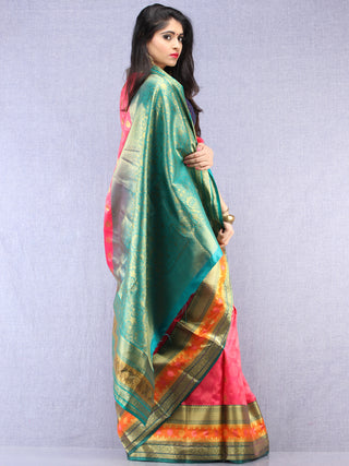 Banarasee Art Silk Saree With Resham Zari Weave - Pink Green & Gold - S031704389