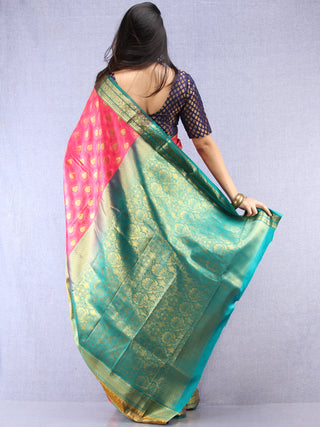 Banarasee Art Silk Saree With Resham Zari Weave - Pink Green & Gold - S031704389