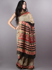 Beige Red Block Printed Dyed in Natural Vegetable Colors Chanderi Saree - S03170157