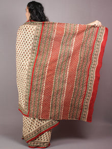 Beige Red Green Cotton Hand Block Bagru Printed Saree - S03170260