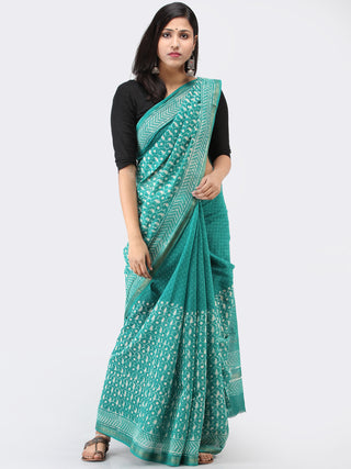 Teal Green White Maheshwari Silk Hand Block Printed Saree With Zari Border - S031704464