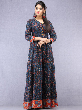 Nazmin - Hand Block Printed Long Cotton Dress With Back Knots  - D162F1301
