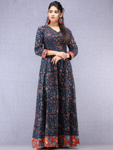 Nazmin - Hand Block Printed Long Cotton Dress With Back Knots  - D162F1301