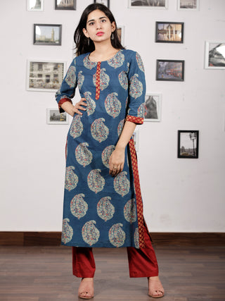 Indigo Green Red Ajrakh Hand Block Printed Kurta in Natural Colors - K121F846