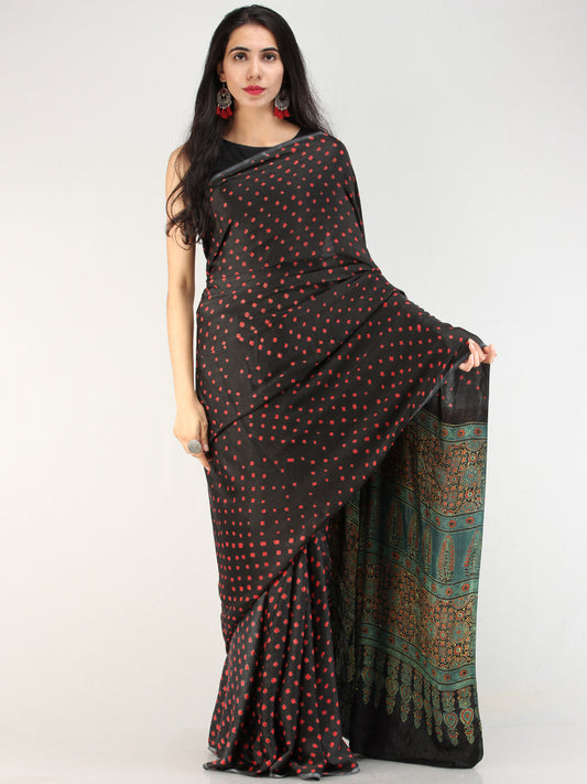 Black Red Green Bandhej Modal Silk Saree With Ajrakh Printed Pallu & Blouse - s031704548