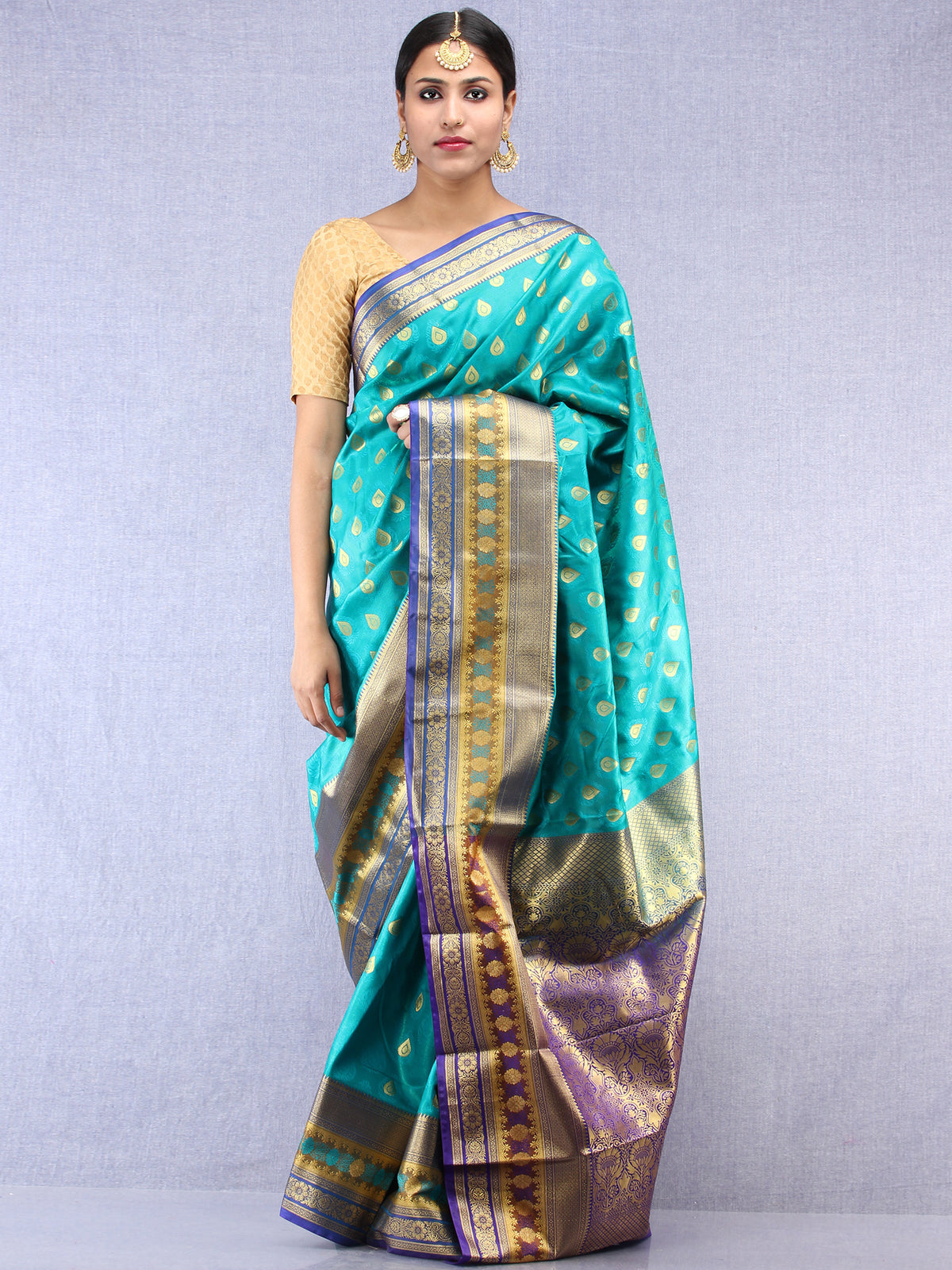Banarasee Art Silk Saree With Resham Zari Weave - Sea Green Purple & Gold - S031704386