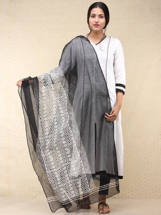 Black White Kota Doria Cotton Hand Block Printed Dupatta  - D04170696