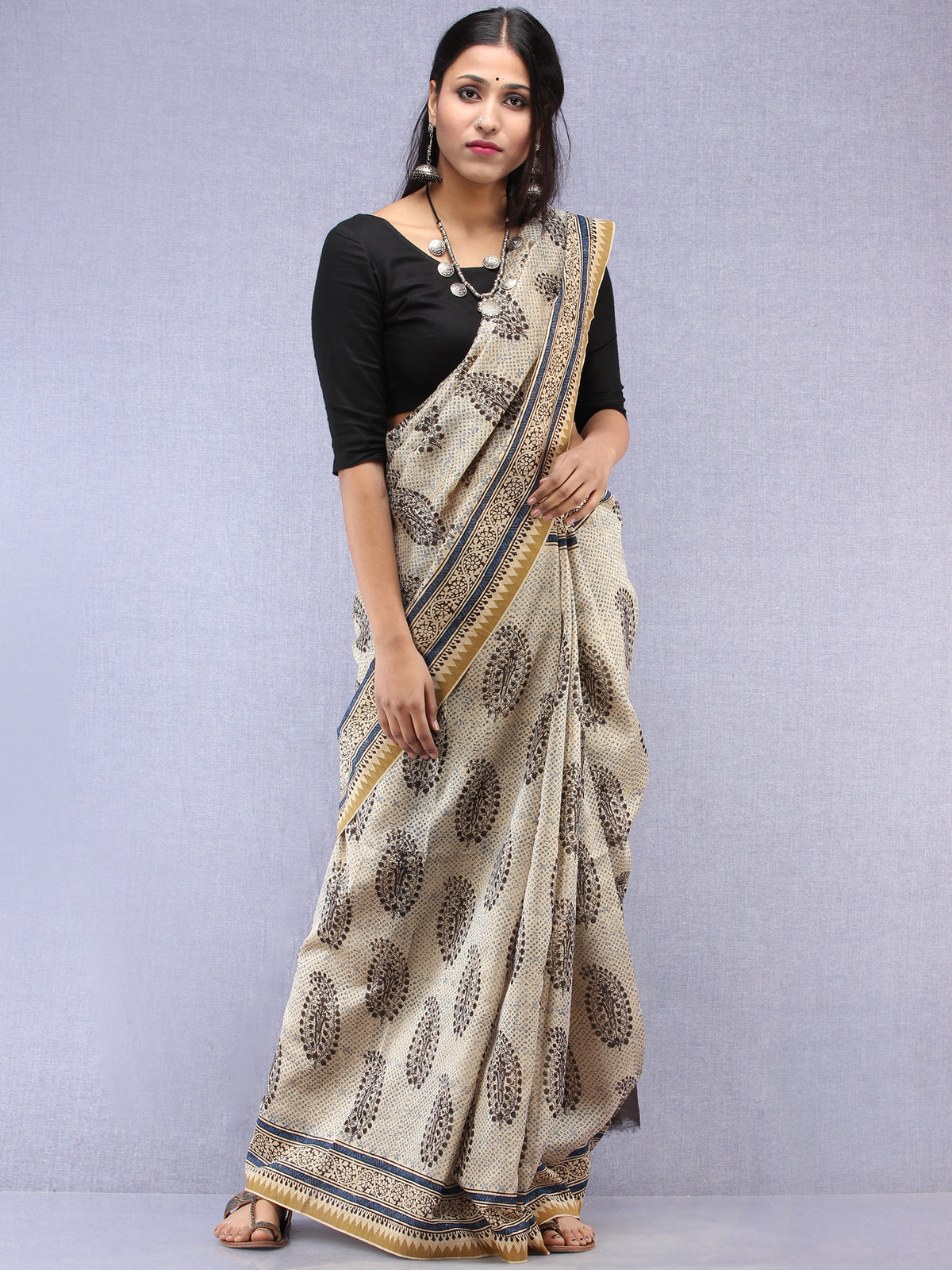Ivory Black Hand Block Printed Chanderi Saree With Geecha Border - S031704518
