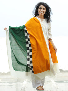 White Green Orange Double Ikat   Handwoven Pochampally Cotton Dupatta -  D04170307