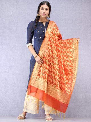 Banarasi Chanderi Dupatta With Zari Work - Orange & Gold - D04170800